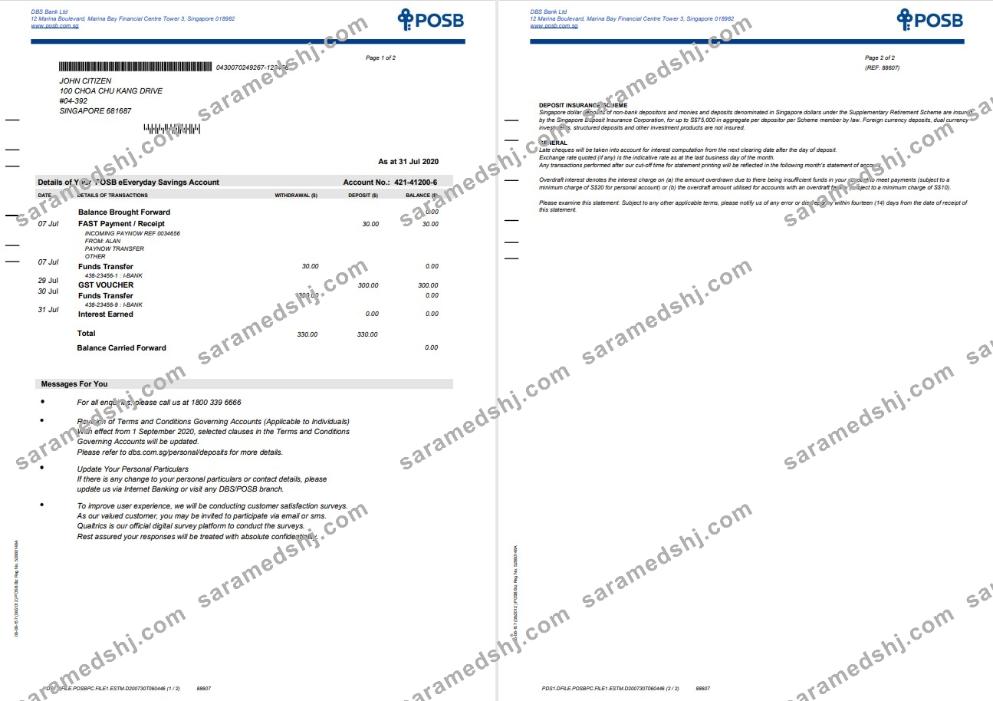 Singapore DBS bank statement template in Word and PDF format, 2 pages